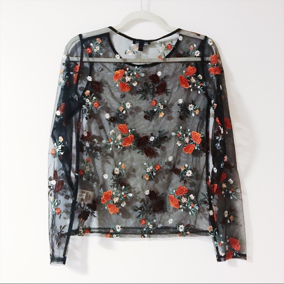 Express Tops - Express - Black Mesh Floral Embroidered Top